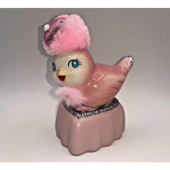 Unbranded Other - Vintage Pink Ceramic Bird Valentine Day Pink Heart Poofy Hat Fur Princess OOAK